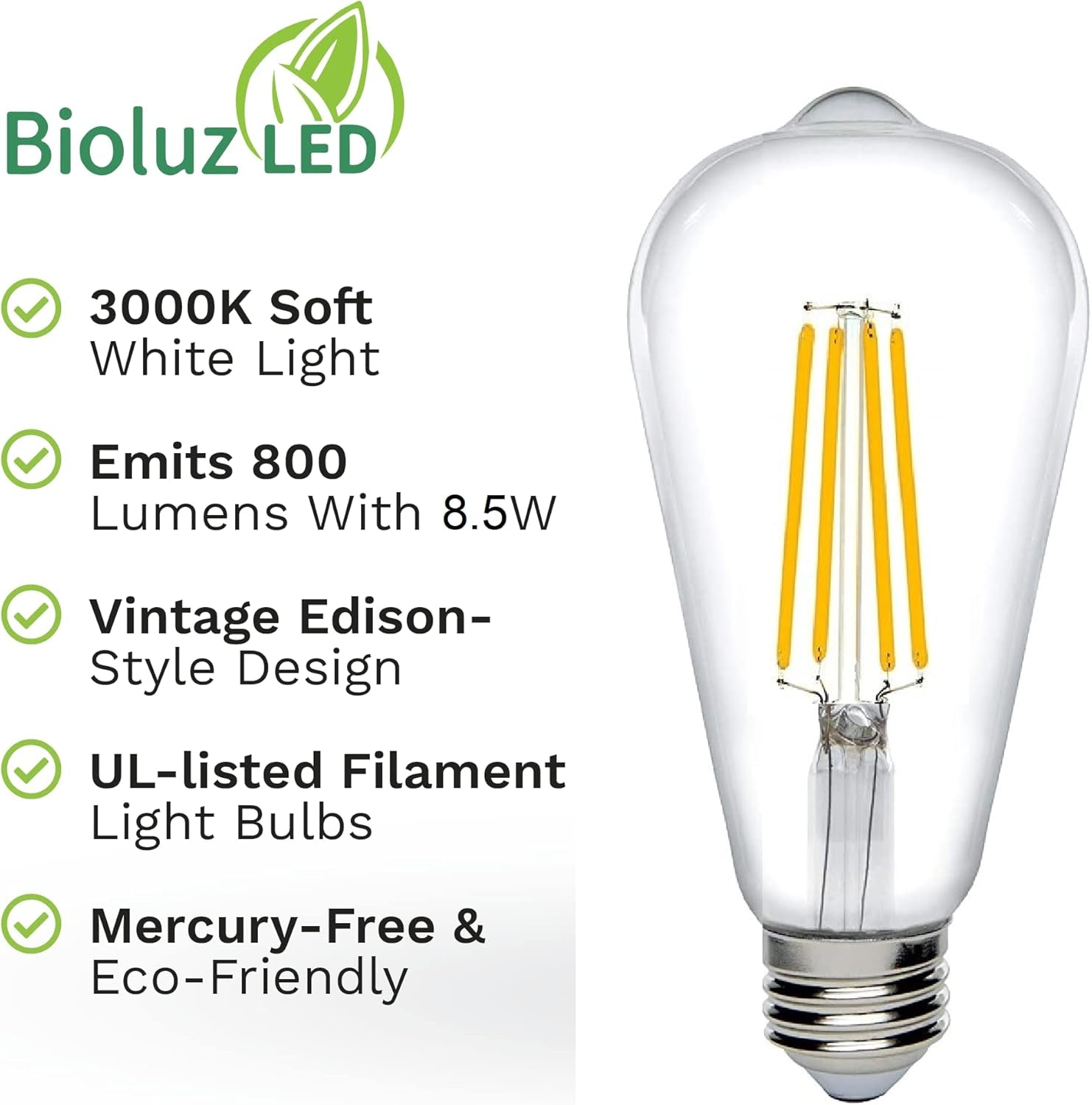 Bioluz Dimmable Edison Light Bulbs - 800 Lumen Soft White 3000K LED Replacement for Incandescent Light Bulbs - 6-Pack Vintage Soft White Light Bulbs for Dimmable Lighting and Soft Lighting