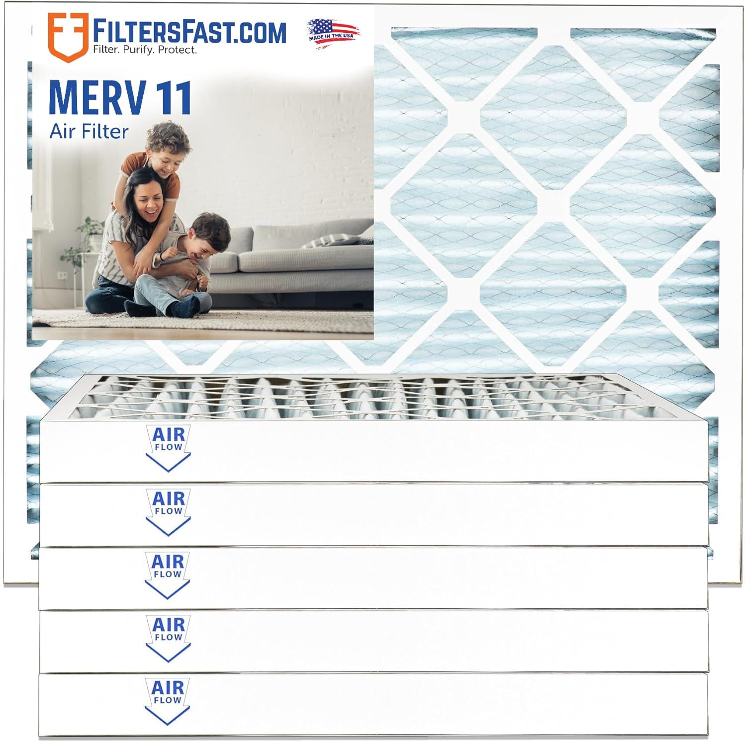 20X20X2 Pleated Air Filter Merv 11, 2 Inch AC Furnace Air Filters, Made in the USA, Actual Size 19.5X19.5X1.75, 6 Pack