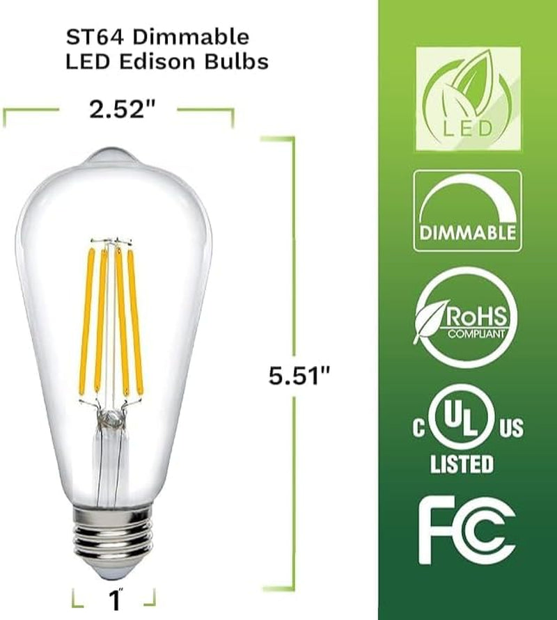 Bioluz Dimmable Edison Light Bulbs - 800 Lumen Soft White 3000K LED Replacement for Incandescent Light Bulbs - 6-Pack Vintage Soft White Light Bulbs for Dimmable Lighting and Soft Lighting