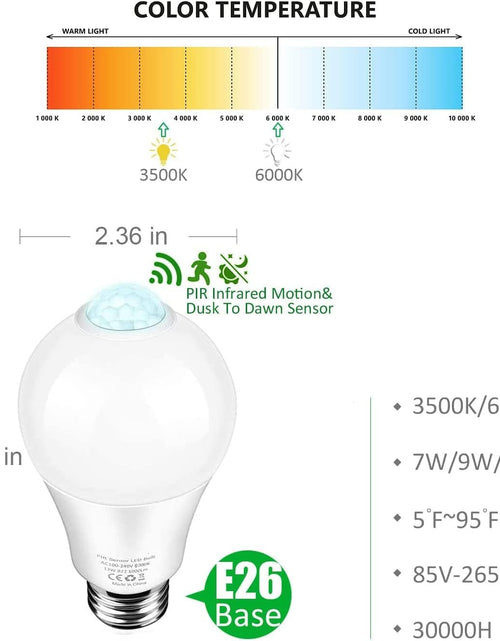 Load image into Gallery viewer, LED Motion Sensor Light Bulbs-Dusk to Dawn Sensor Light Bulbs,Bult-In Motion Detector LED Smart Light Bulbs,Auto On/Off for Outdoor&amp;Indoor,7W(60W Equivalent),E26 Base,(2 Pack)
